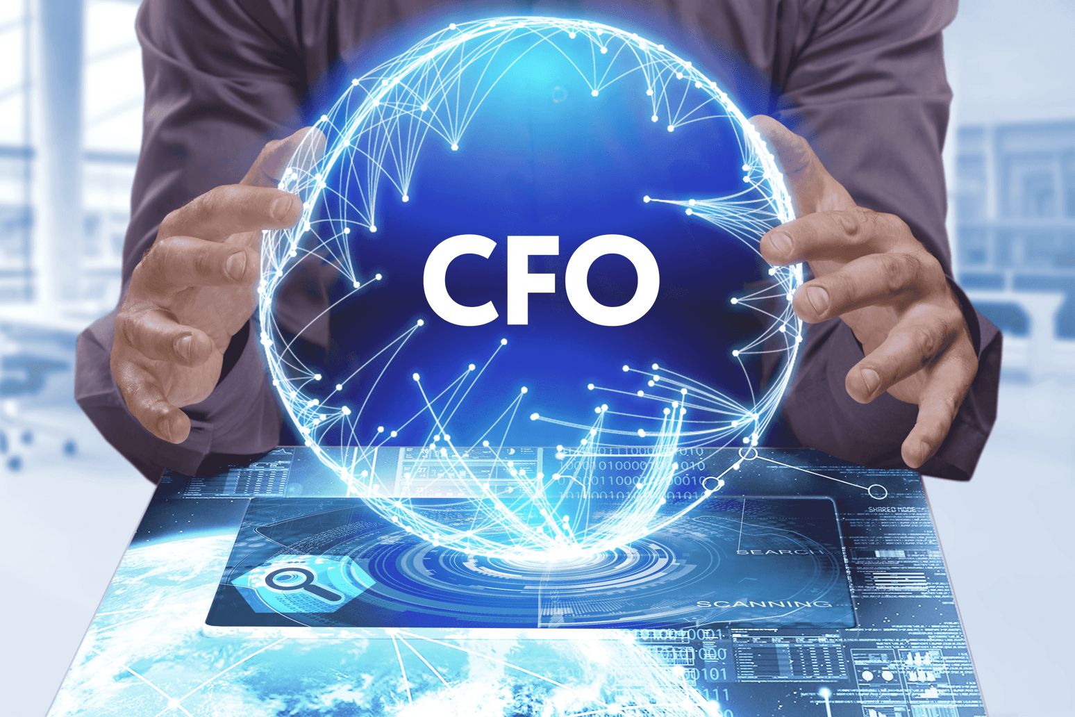 man holding holographic projection of the word CFO